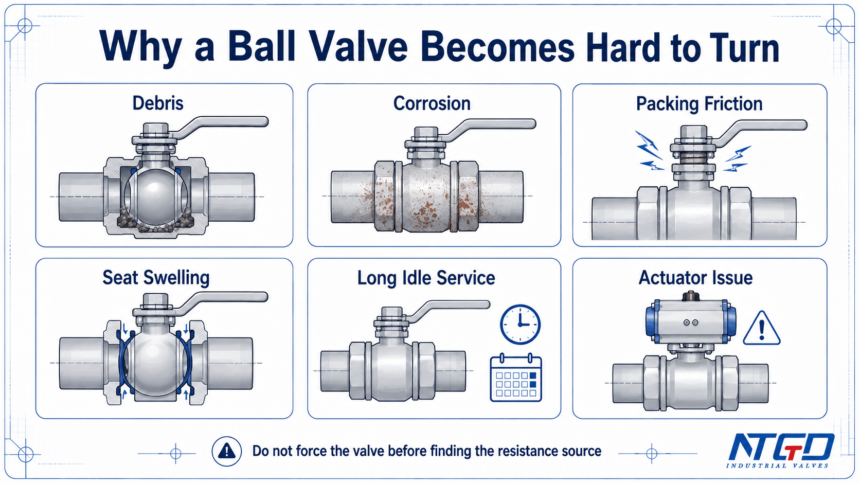 Hard to turn ball valve diagnosis board showing debris corrosion packing friction seat swelling idle service and actuator issue