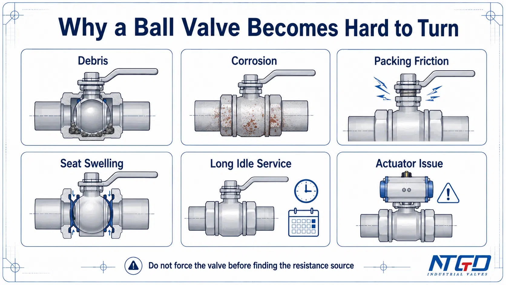Hard to turn ball valve diagnosis board showing debris corrosion packing friction seat swelling idle service and actuator issue