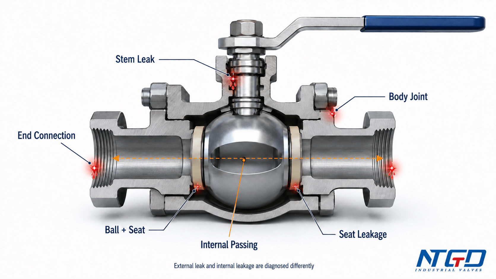 Ball valve cutaway showing stem leak body joint end connection seat leakage and internal passing