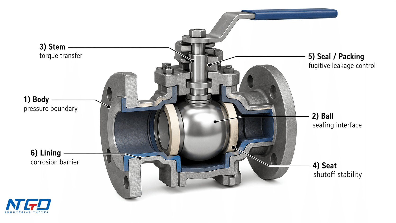 Cutaway ball valve diagram showing body, ball, stem, seat, seal packing, and lining for chemical service selection