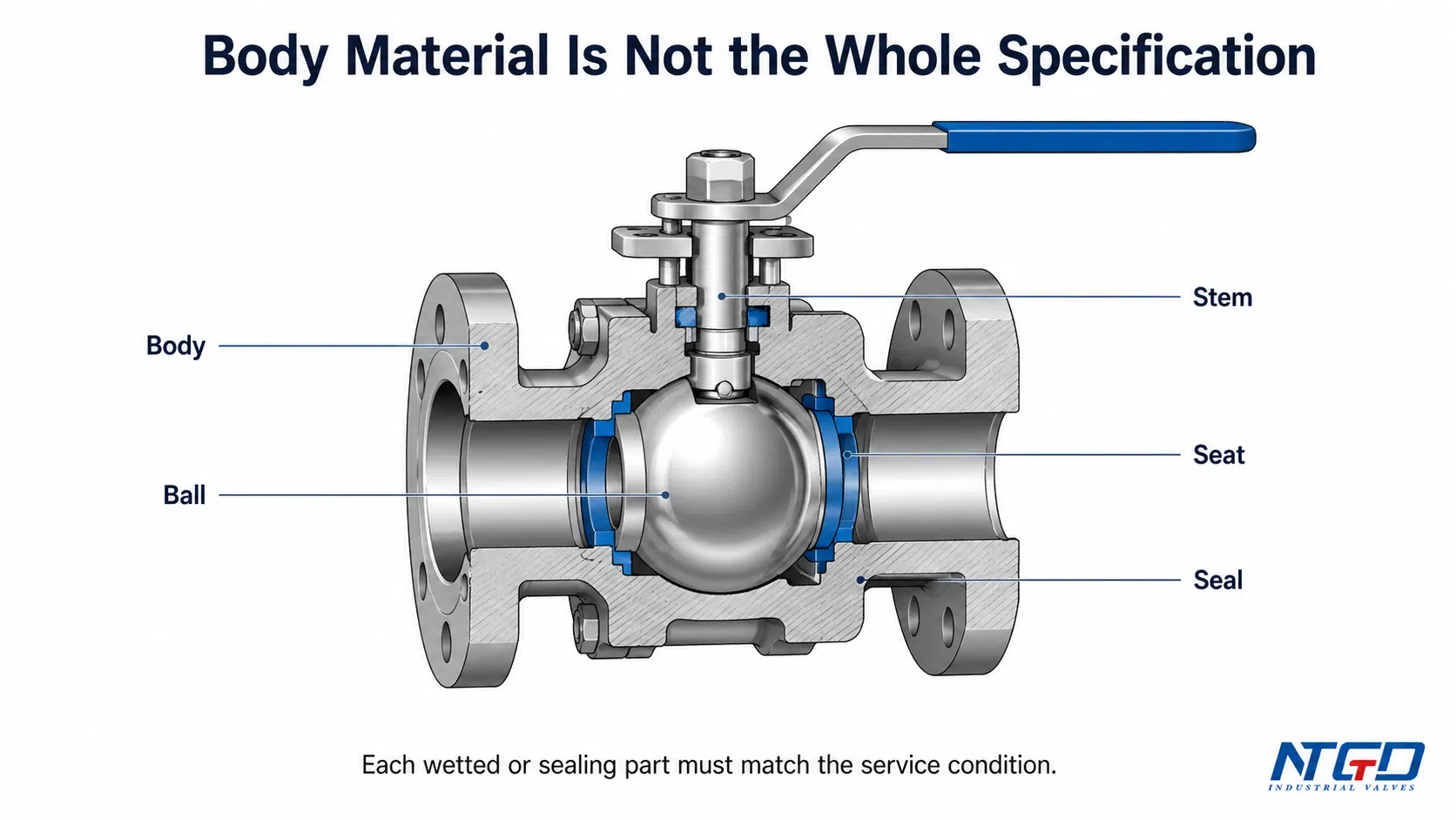 Ball valve cutaway showing body, ball, stem, seat, and seal material specification points