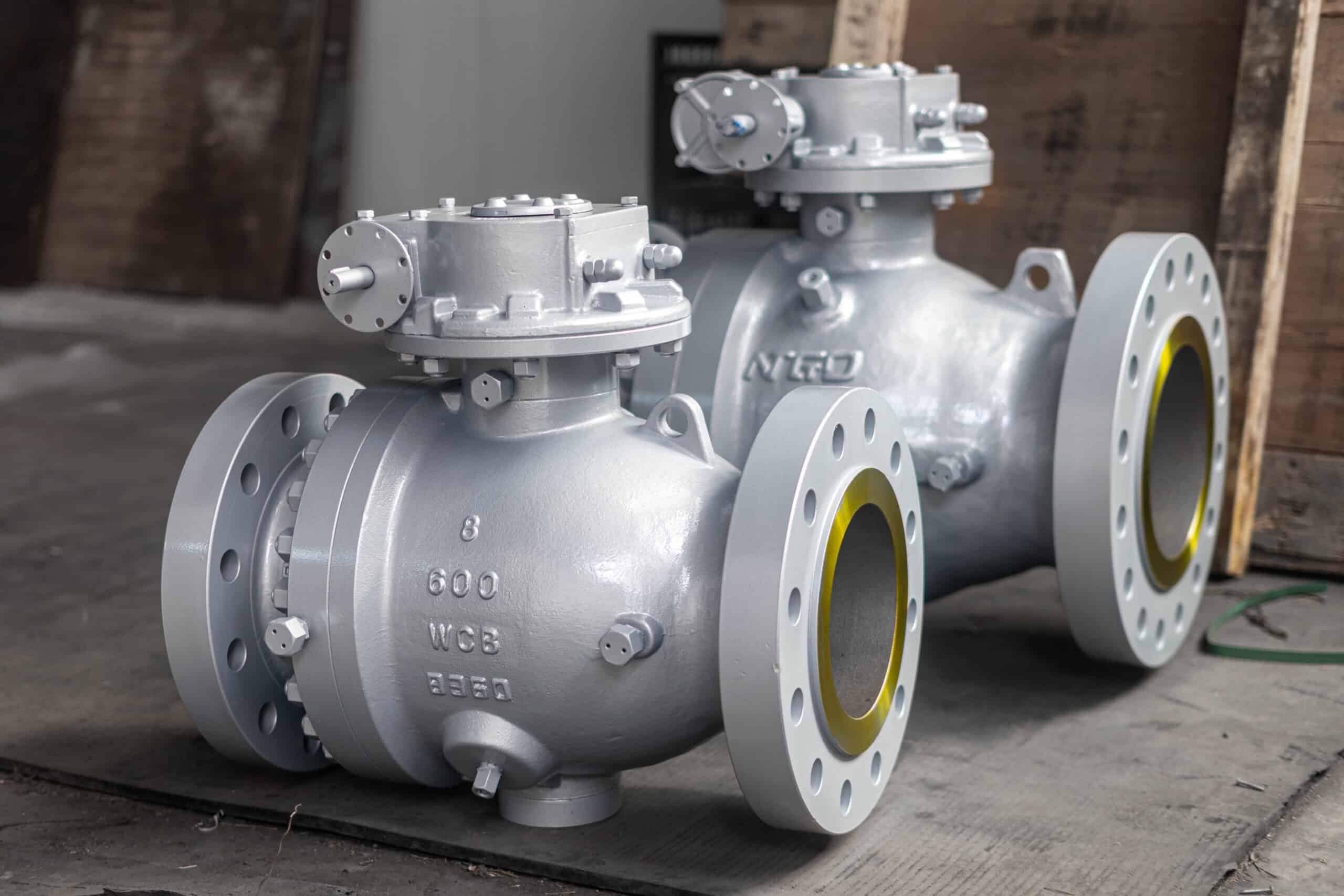 8 inch and 10 inch 600LB WCB two-piece trunnion mounted ball valves in NTGD workshop