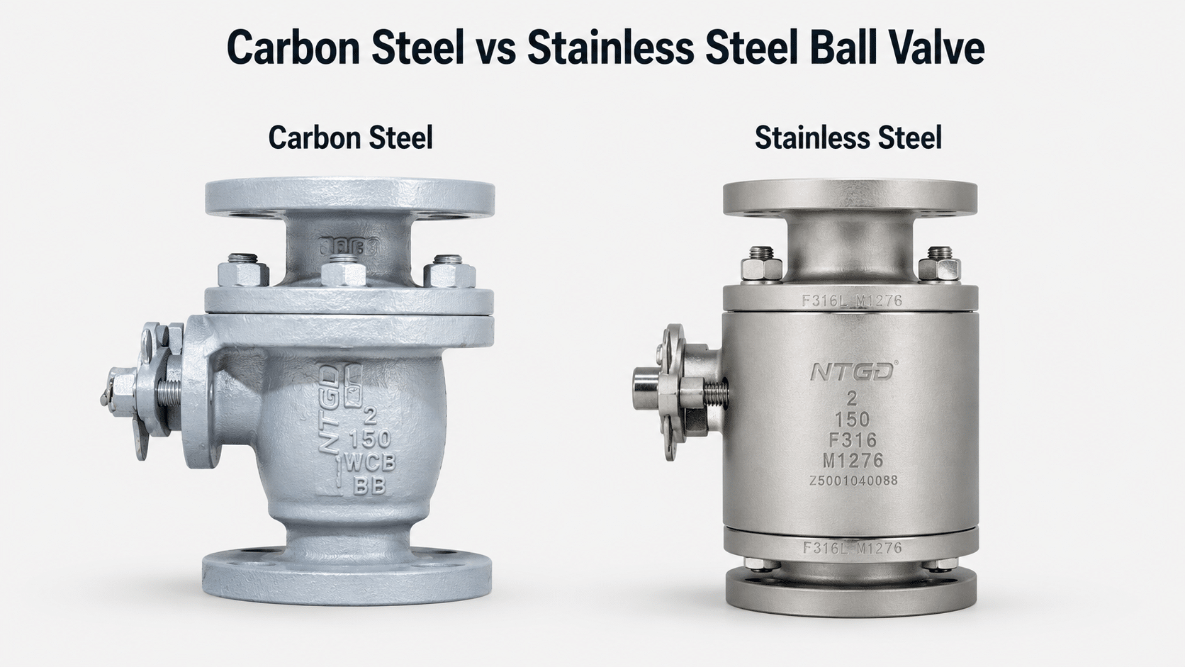 Carbon steel and stainless steel ball valves shown side by side for material comparison