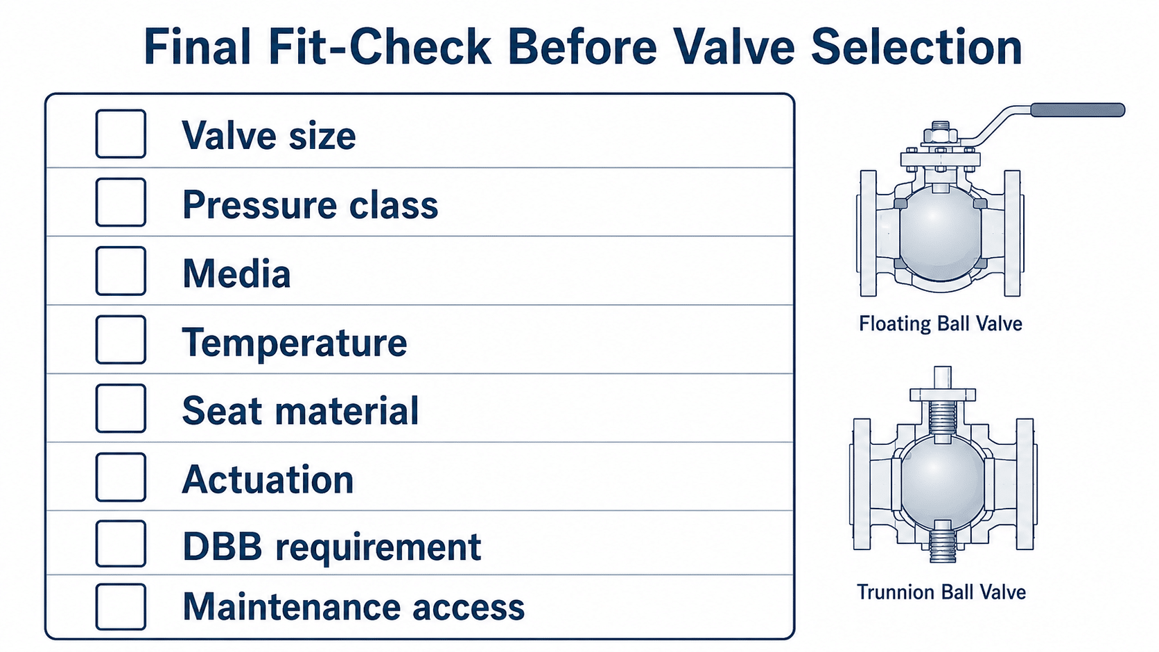 Selection direction board comparing floating fit and trunnion fit conditions