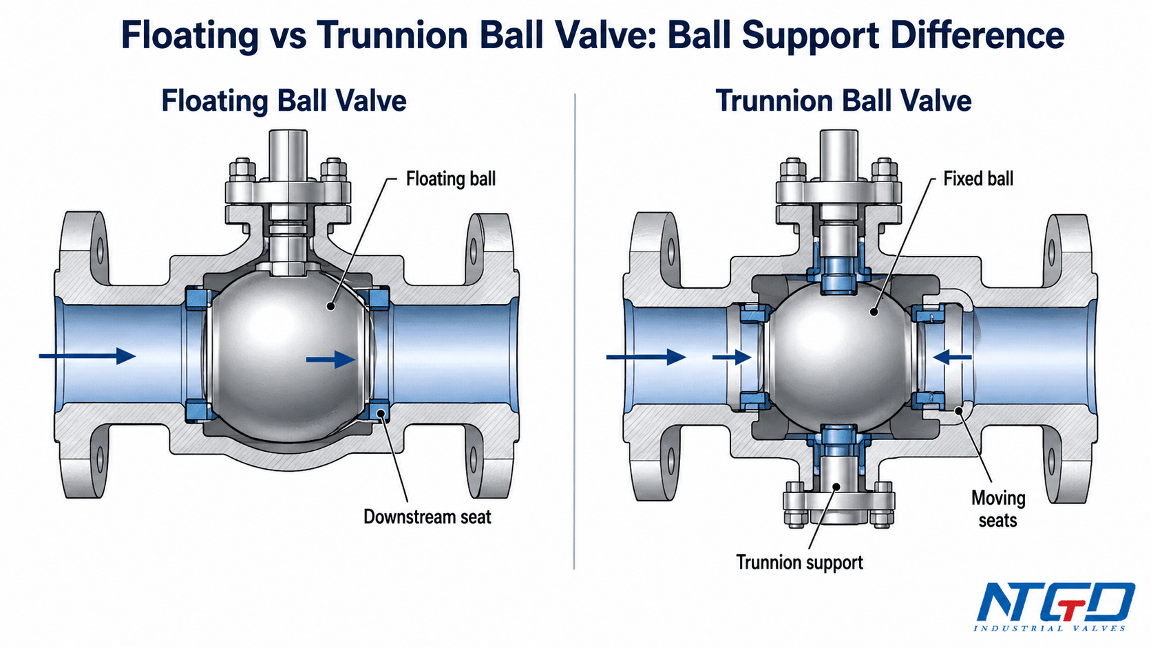 Ball support difference diagram for floating vs trunnion ball valve