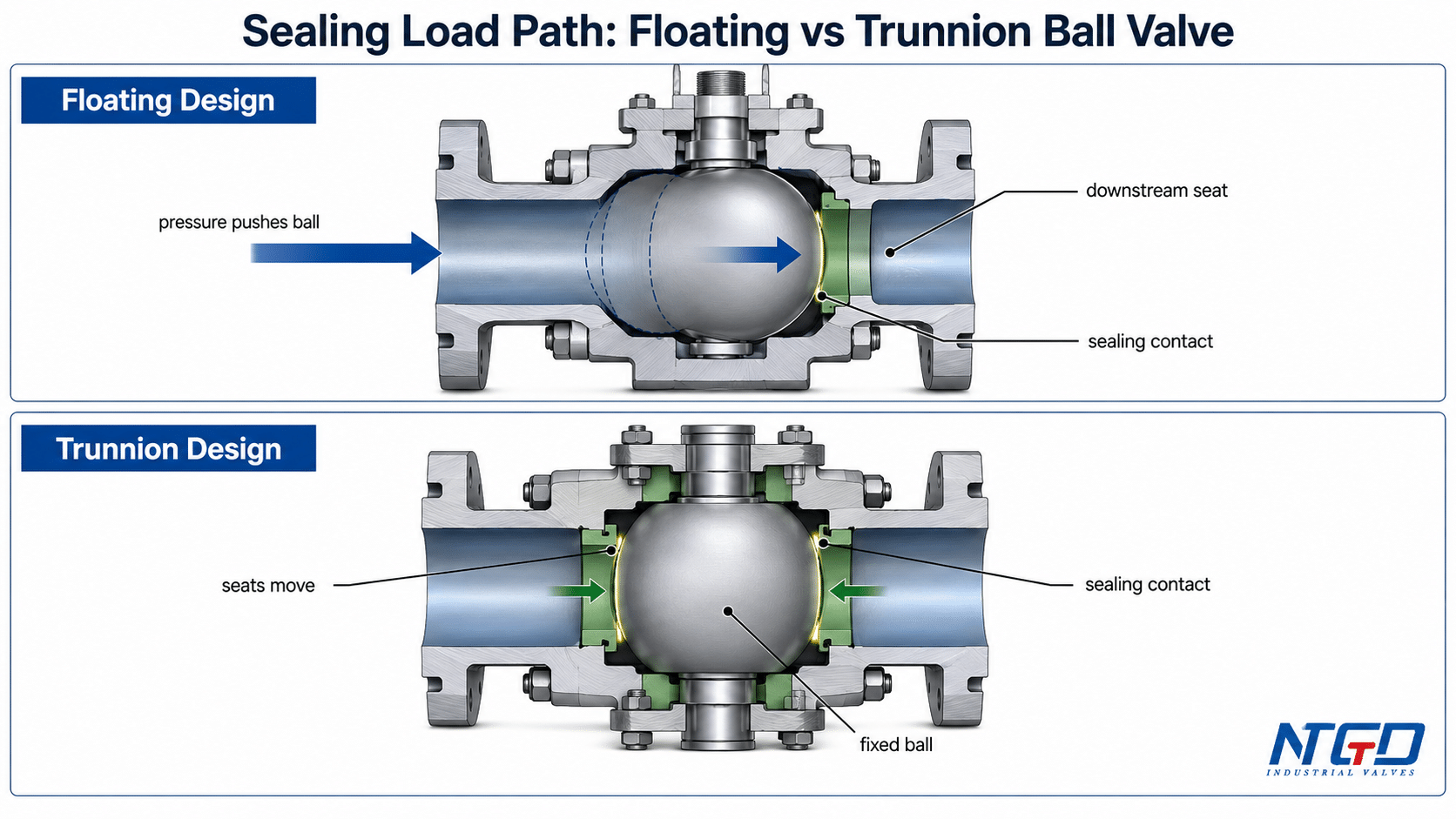Sealing load path diagram for floating and trunnion ball valves