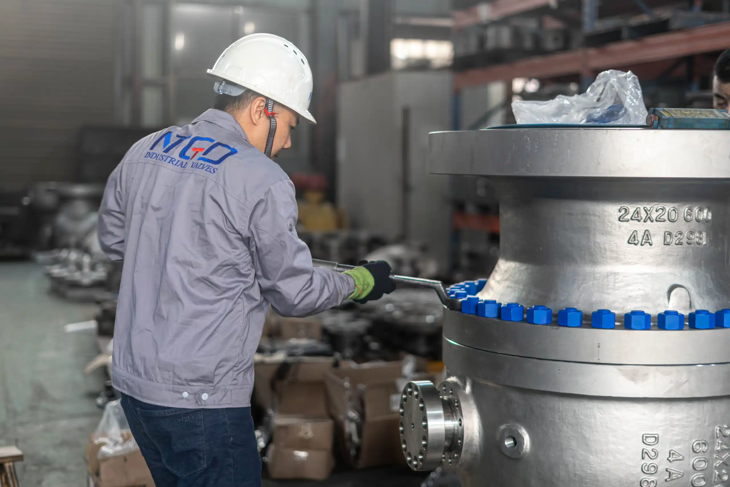 NTGD engineer inspecting a large stainless steel ball valve in the workshop