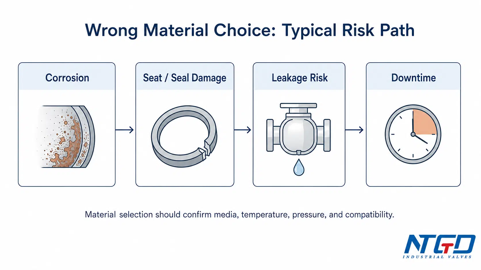 Wrong ball valve material choice risk path from corrosion to seal damage, leakage, and downtime