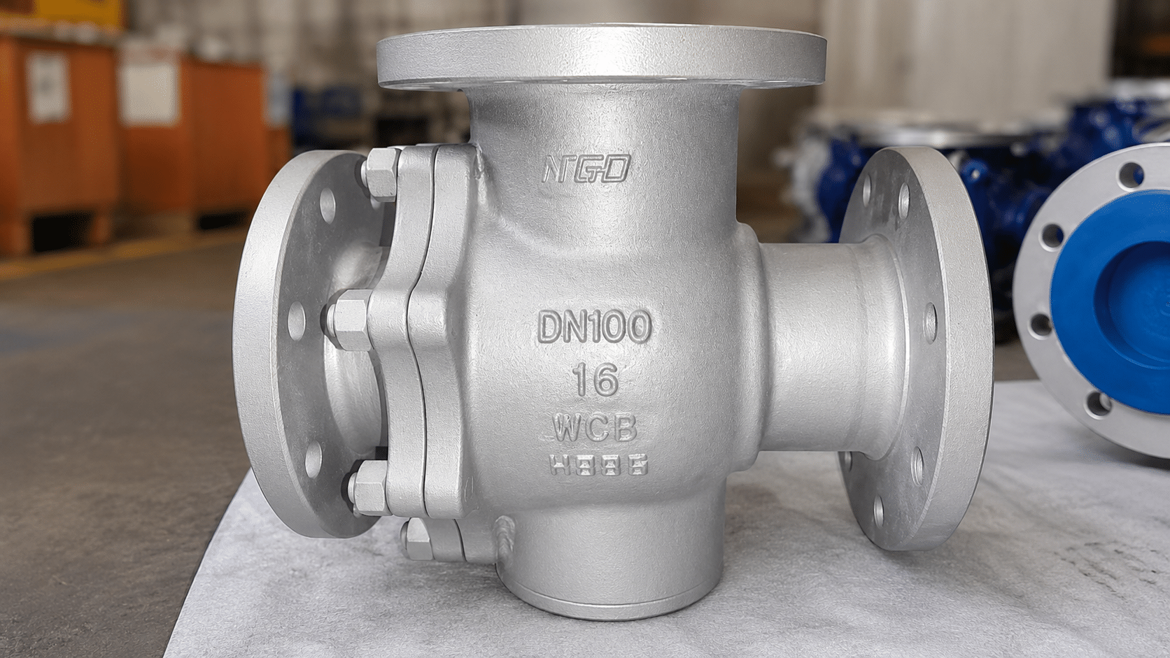 Real DN100 WCB flanged 3-way ball valve with NTGD body marking