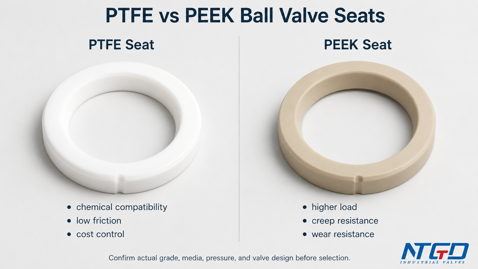 PTFE and PEEK ball valve seat rings shown side by side for seat material comparison
