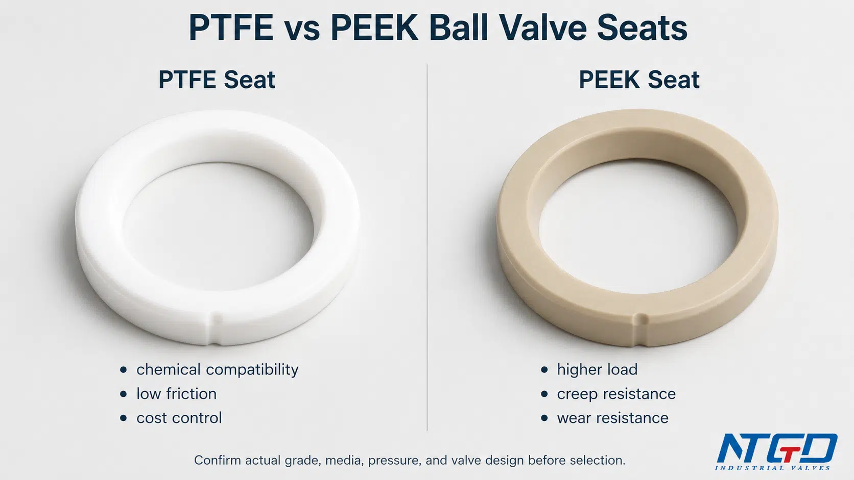 Bagues de siège de vanne à bille en PTFE et PEEK présentées côte à côte pour une comparaison des matériaux de siège.
