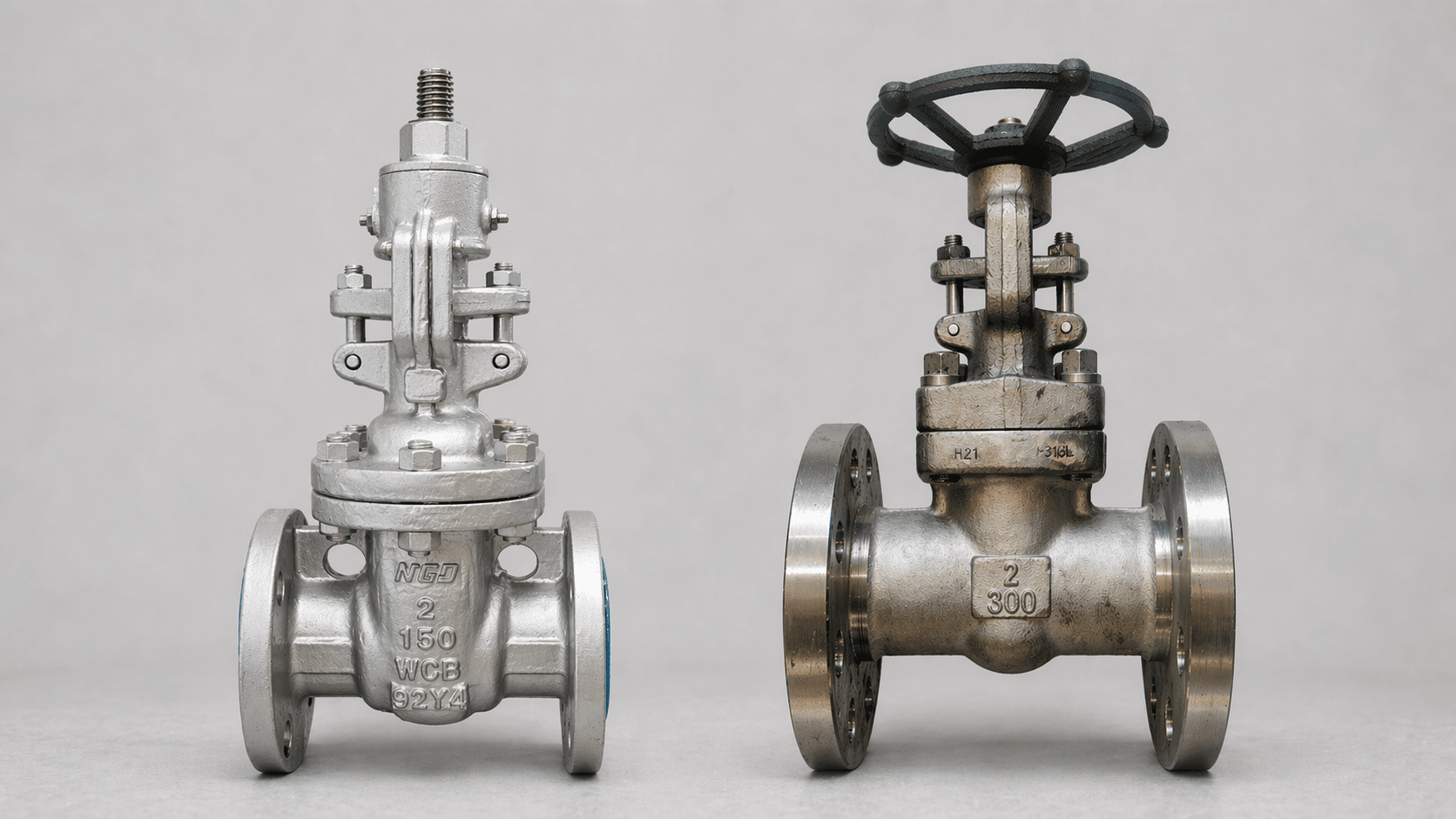 Side-by-side real photo comparison of stainless steel and carbon steel flanged gate valves