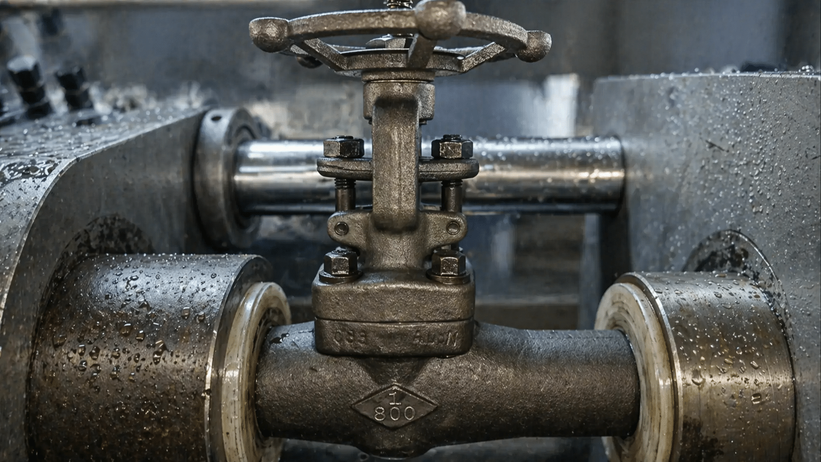 Real test-rig photo of a forged steel gate valve in a wet industrial line setup