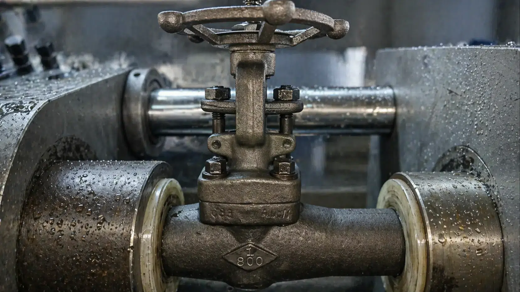 Photo d'un robinet-vanne en acier forgé dans une installation industrielle en milieu humide.