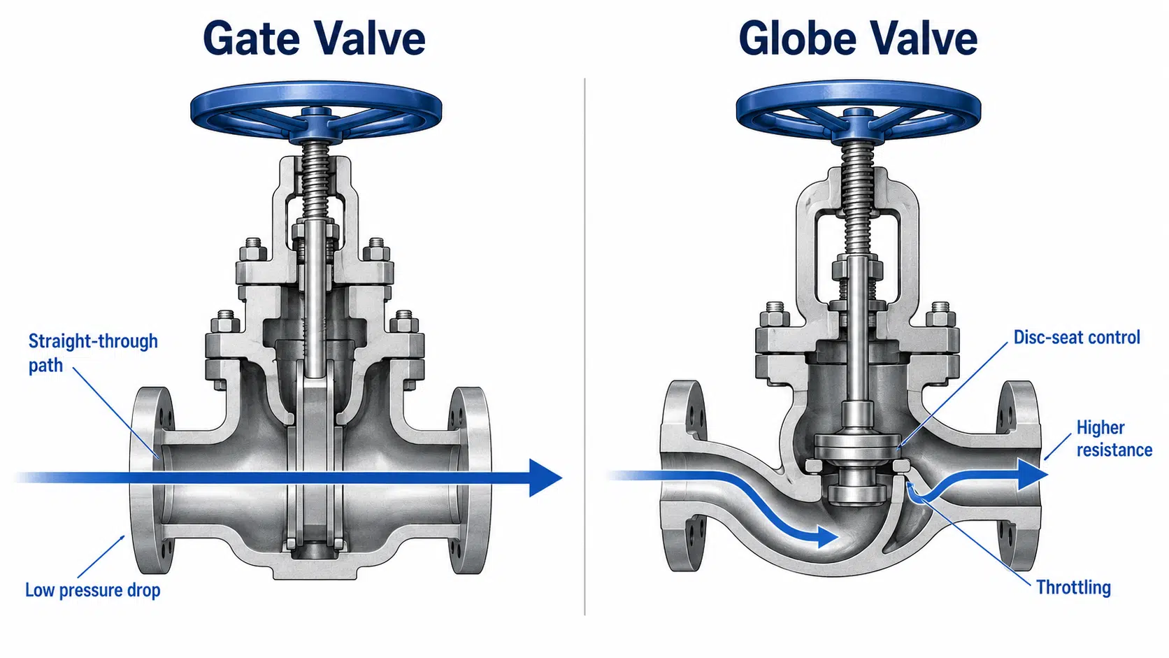 Diagramme en coupe comparant la voie d'écoulement directe d'un robinet-vanne et la voie d'écoulement redirigée d'un robinet à soupape à siège en forme de disque.