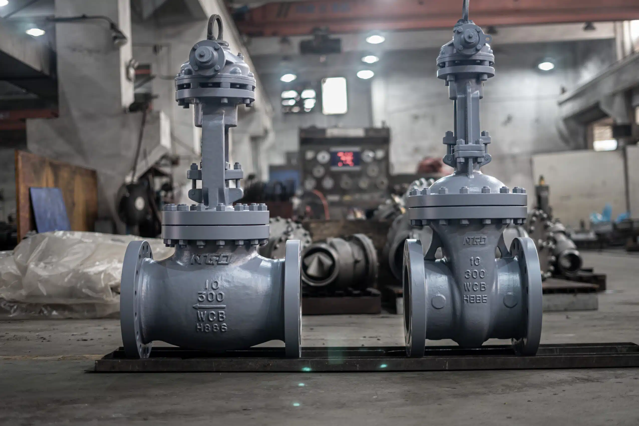 Gate valve and globe valve product comparison in an NTGD workshop for industrial valve selection.