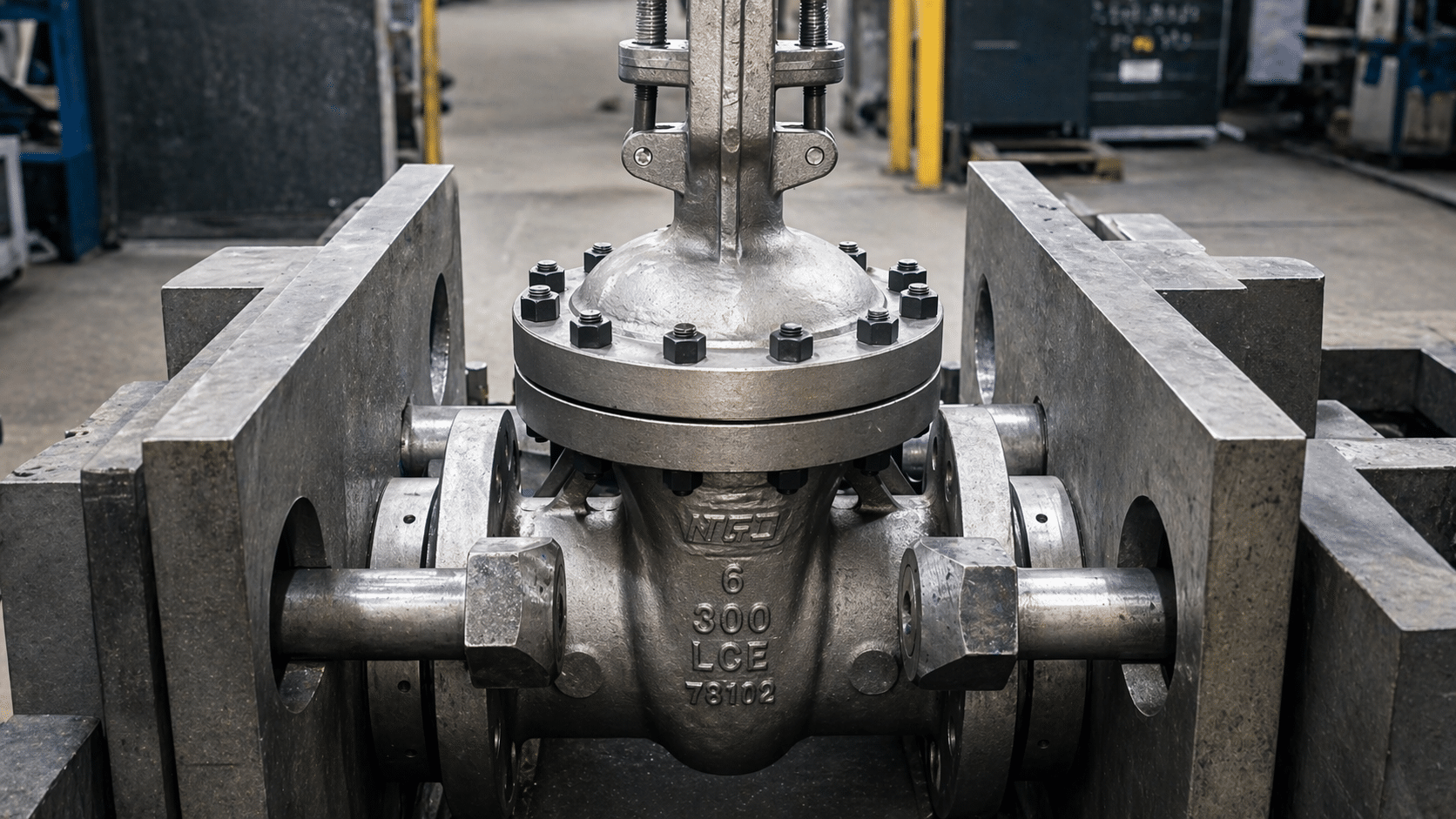 Real rising stem gate valve mounted in a factory testing fixture