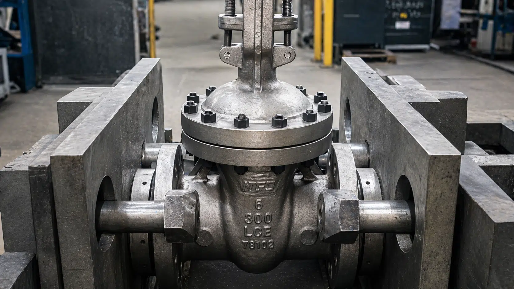 Vanne à tige montante réelle montée dans un dispositif d'essai en usine