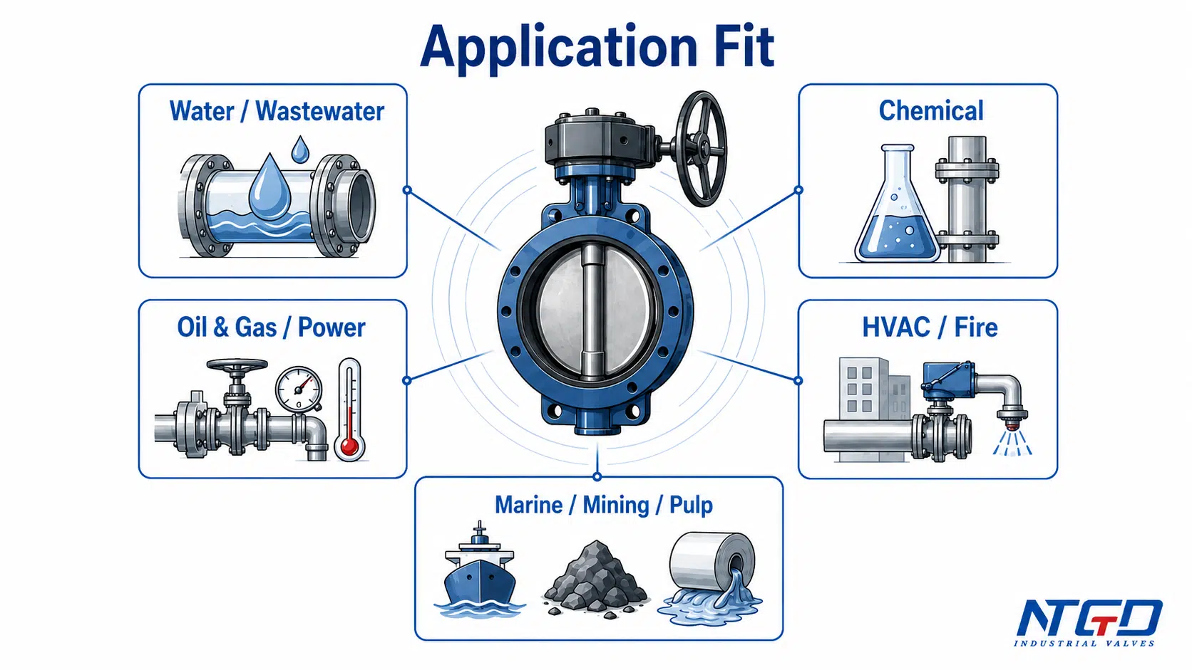 Butterfly valve application fit mapping for water, chemical, oil and gas, power, HVAC, fire, marine, mining and pulp service