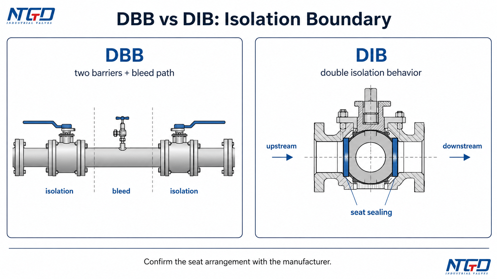 DBB vs DIB isolation boundary diagram showing bleed path and seat sealing behavior