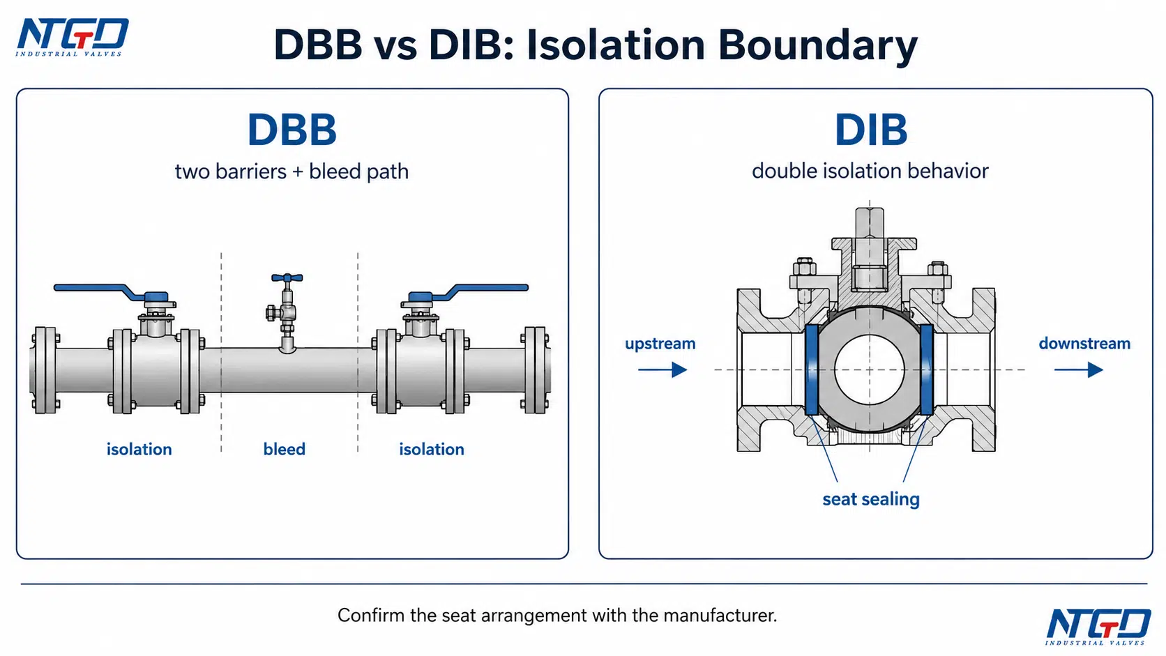 DBB vs DIB isolation boundary diagram showing bleed path and seat sealing behavior
