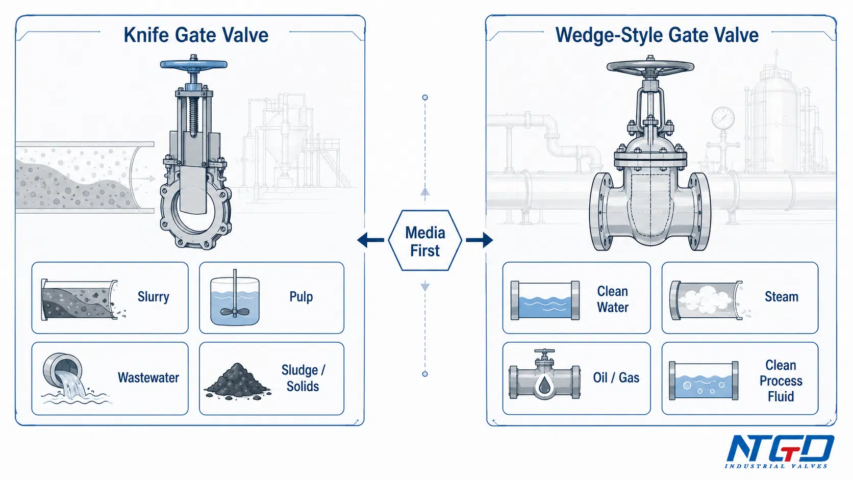 Application mapping diagram for knife gate valve slurry service and wedge gate clean-fluid service