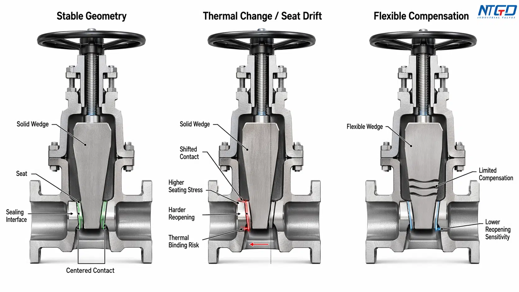 Diagrama mostrando o risco de ligação térmica e a resposta de vedação em válvulas de gaveta de cunha sólida versus flexível