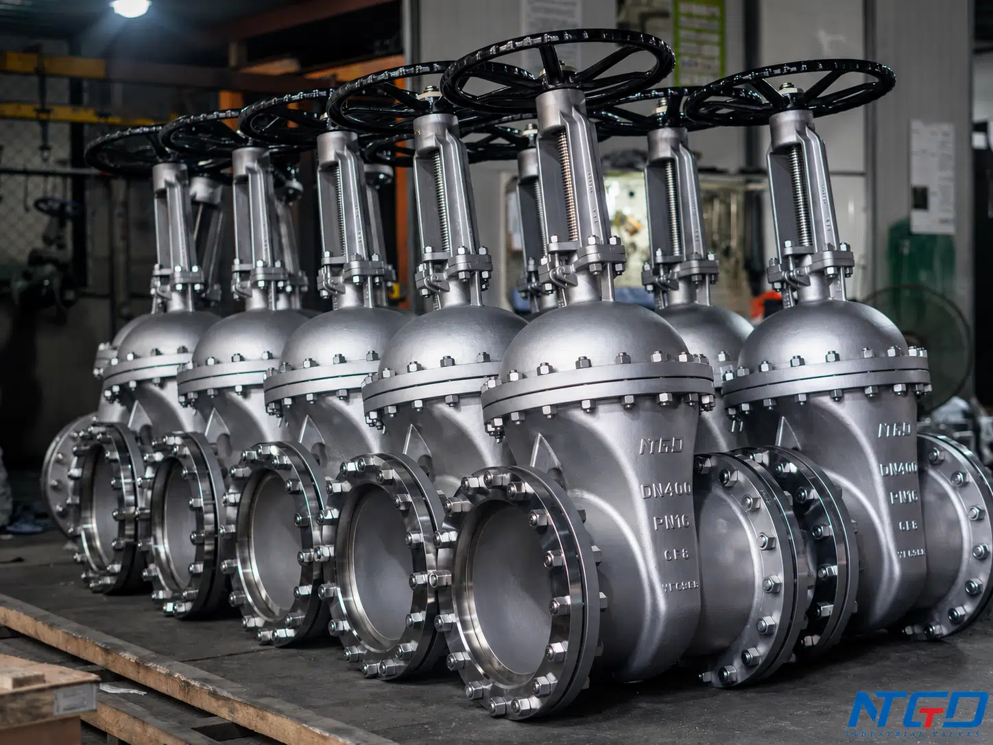 Real wedge-style gate valves in NTGD workshop for clean-fluid isolation applications