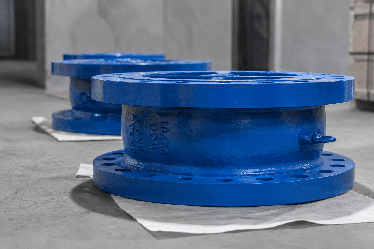 Close-up photo of a blue flanged butterfly valve body with bolt holes.