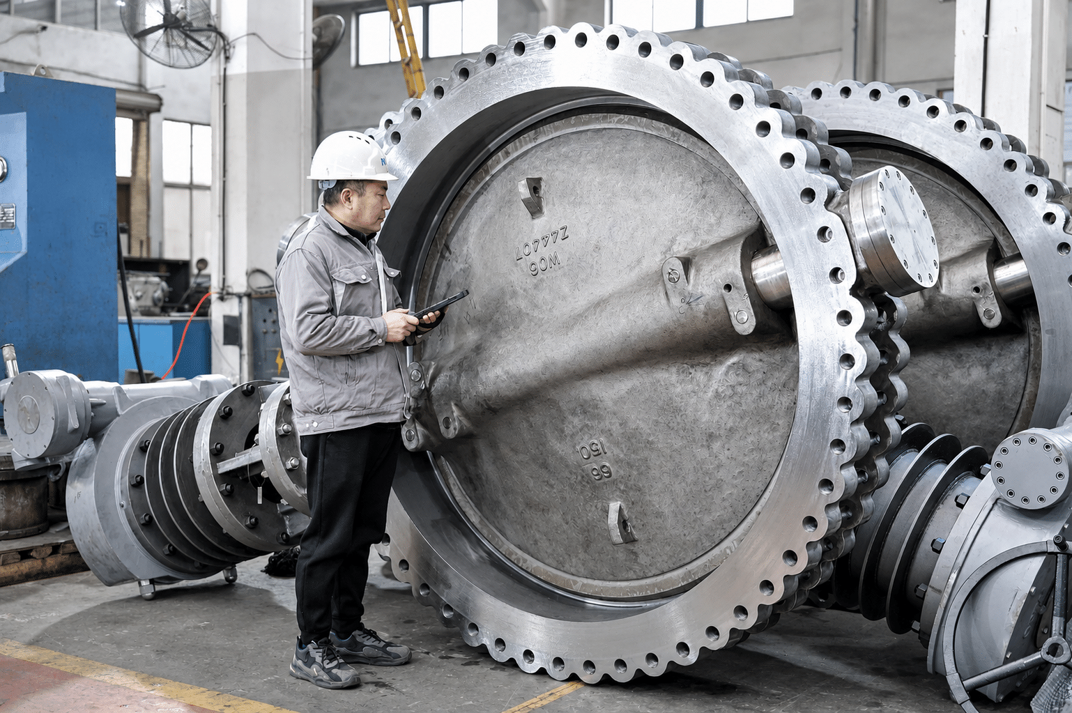 Engineer inspecting large-diameter flanged butterfly valves in a workshop.