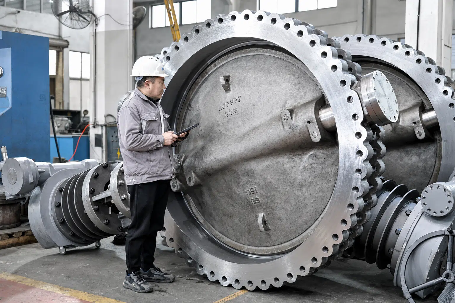 Engenheiro inspecionando válvulas borboleta flangeadas de grande diâmetro em uma oficina.