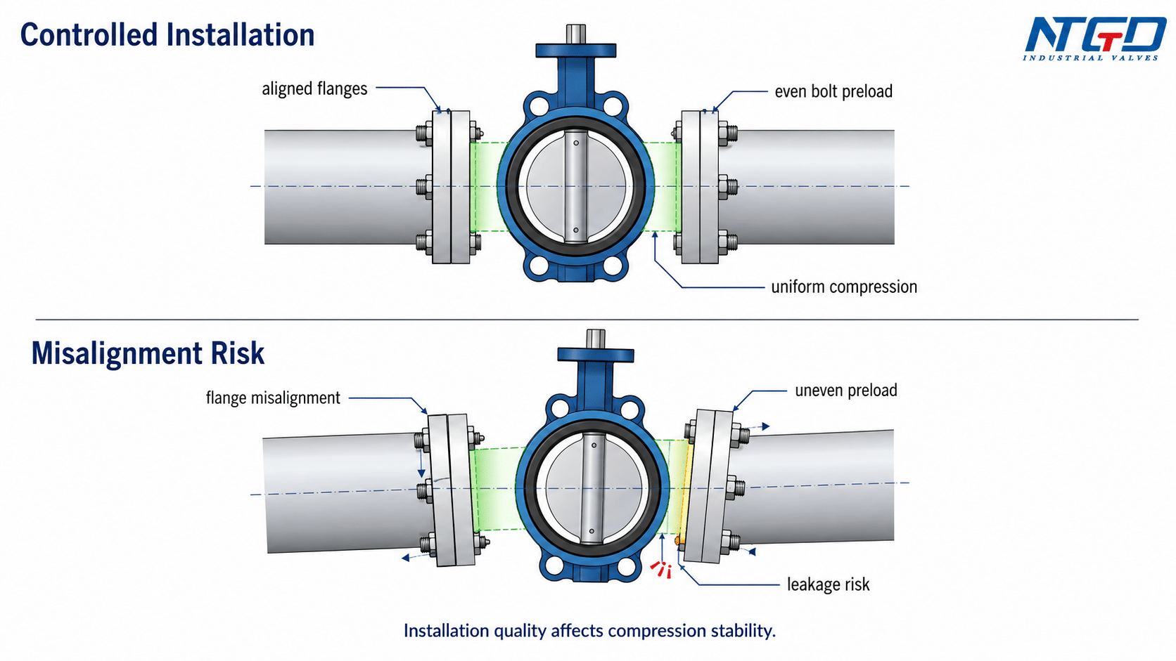 Installation alignment risk diagram for wafer butterfly valve seal compression.