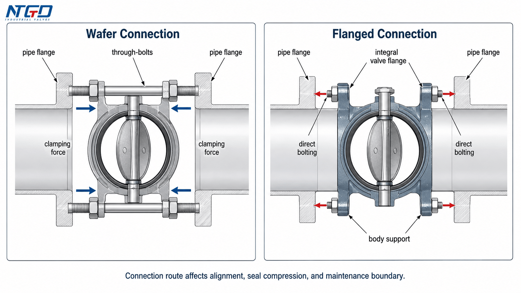 Wafer connection vs flanged connection load path schematic for butterfly valves.