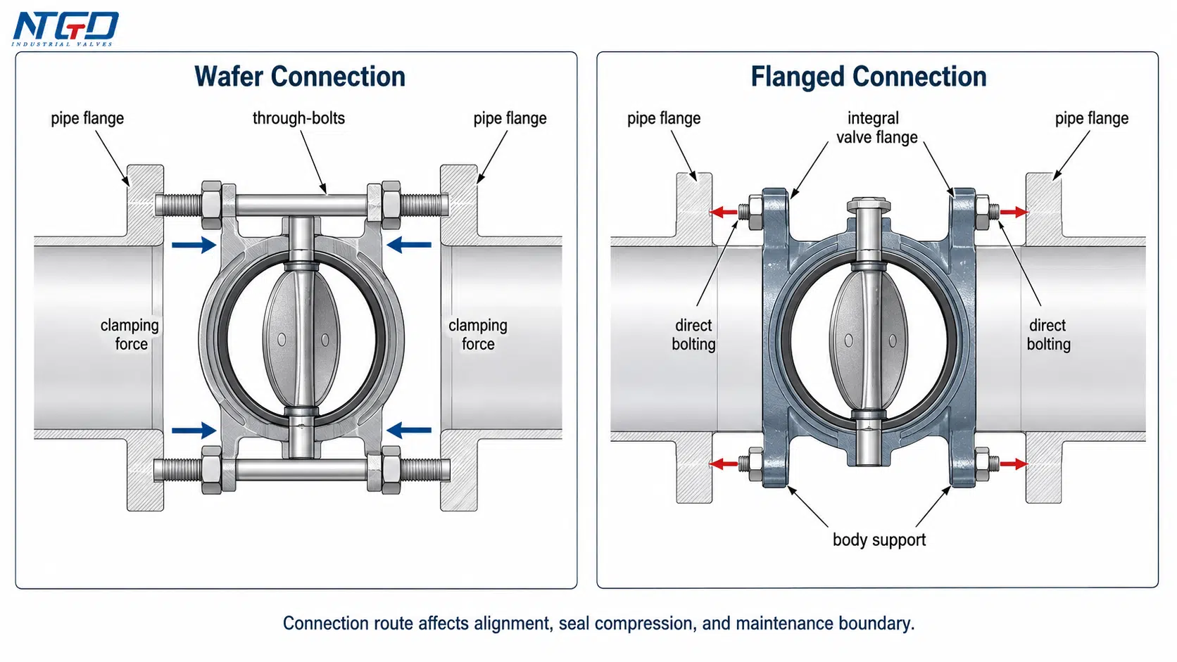 Esquema do caminho de carga da conexão Wafer versus conexão flangeada para válvulas borboleta.