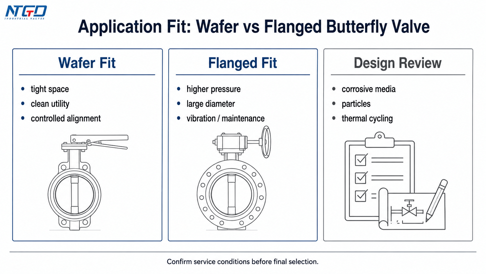 Application fit board for wafer vs flanged butterfly valve selection.