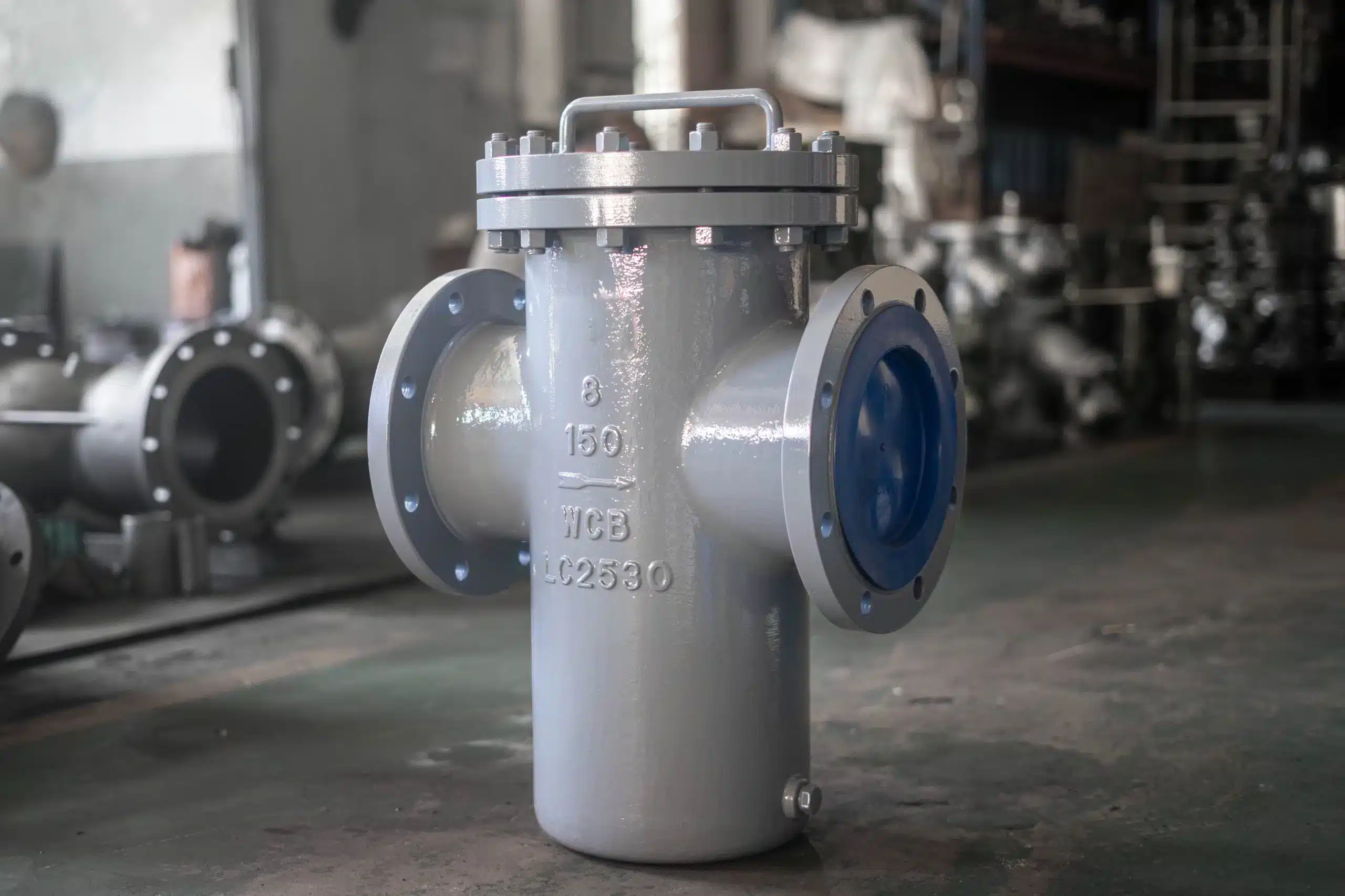 Foto de produto de filtro de cesta industrial em oficina mostrando o design de entrada superior flangeado ASME