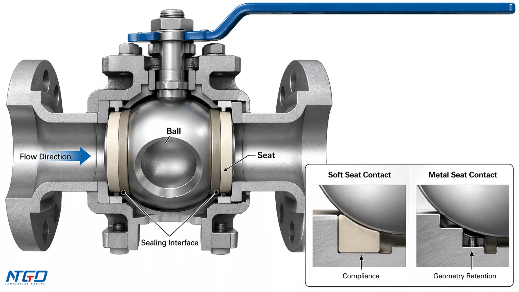 Ball valve seat sealing interface cutaway comparing soft seat contact and metal seat contact