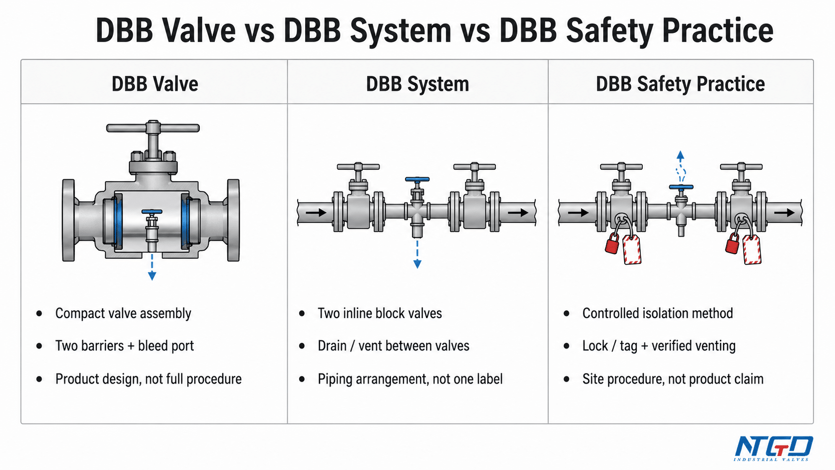 Comparison graphic showing the difference between a DBB valve, a DBB system, and DBB safety practice