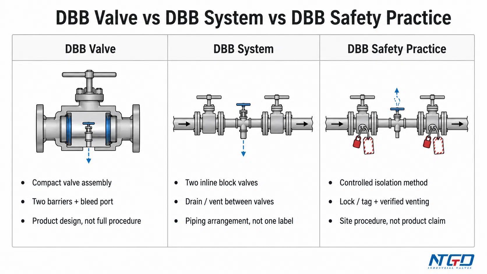 Graphique de comparaison montrant la différence entre une soupape DBB, un système DBB et une pratique de sécurité DBB