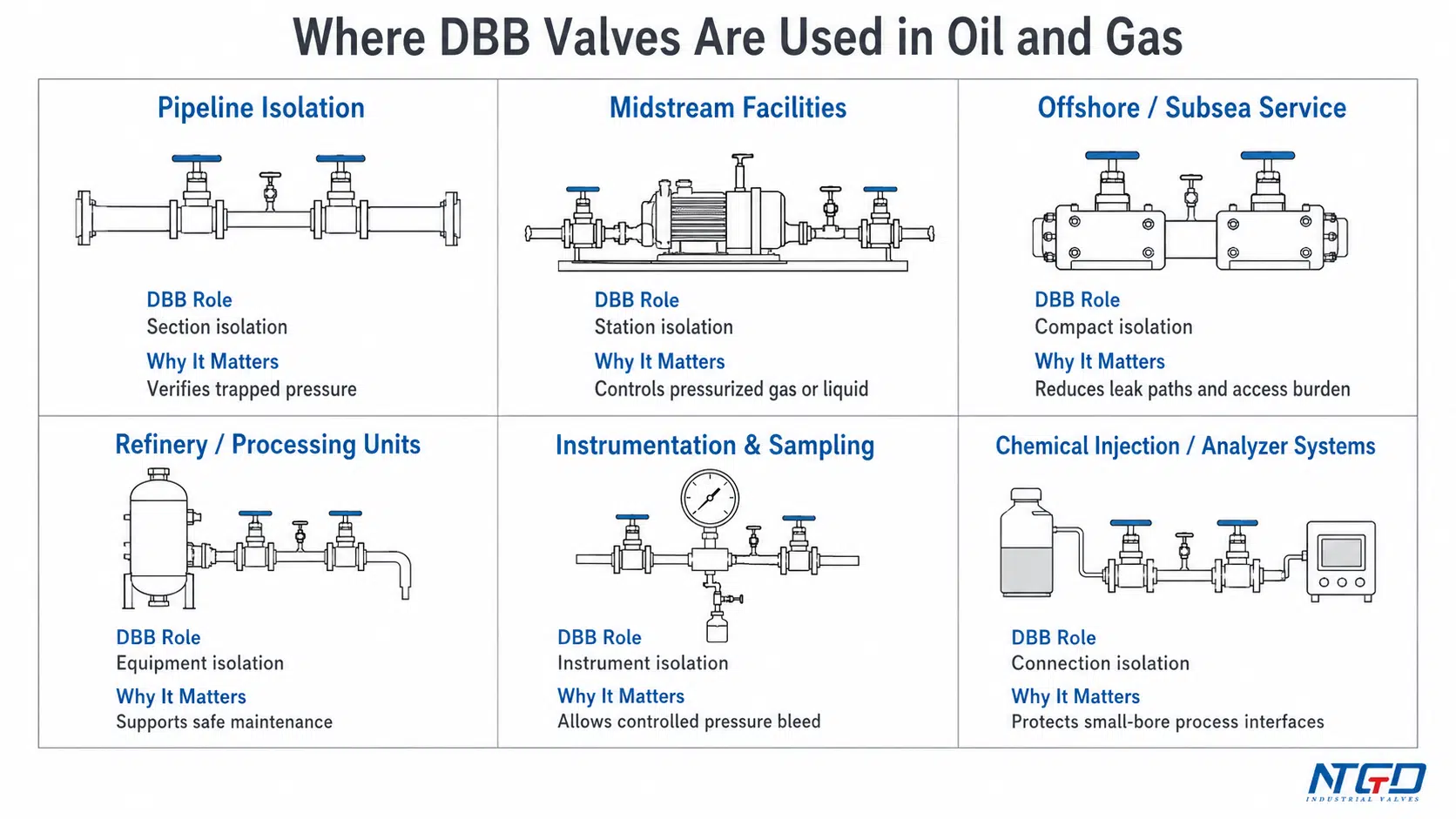 Matrice des applications pétrolières et gazières montrant où les vannes DBB sont utilisées pour l'isolation des pipelines, les installations intermédiaires, les services offshore, le raffinage, l'instrumentation et l'injection de produits chimiques.