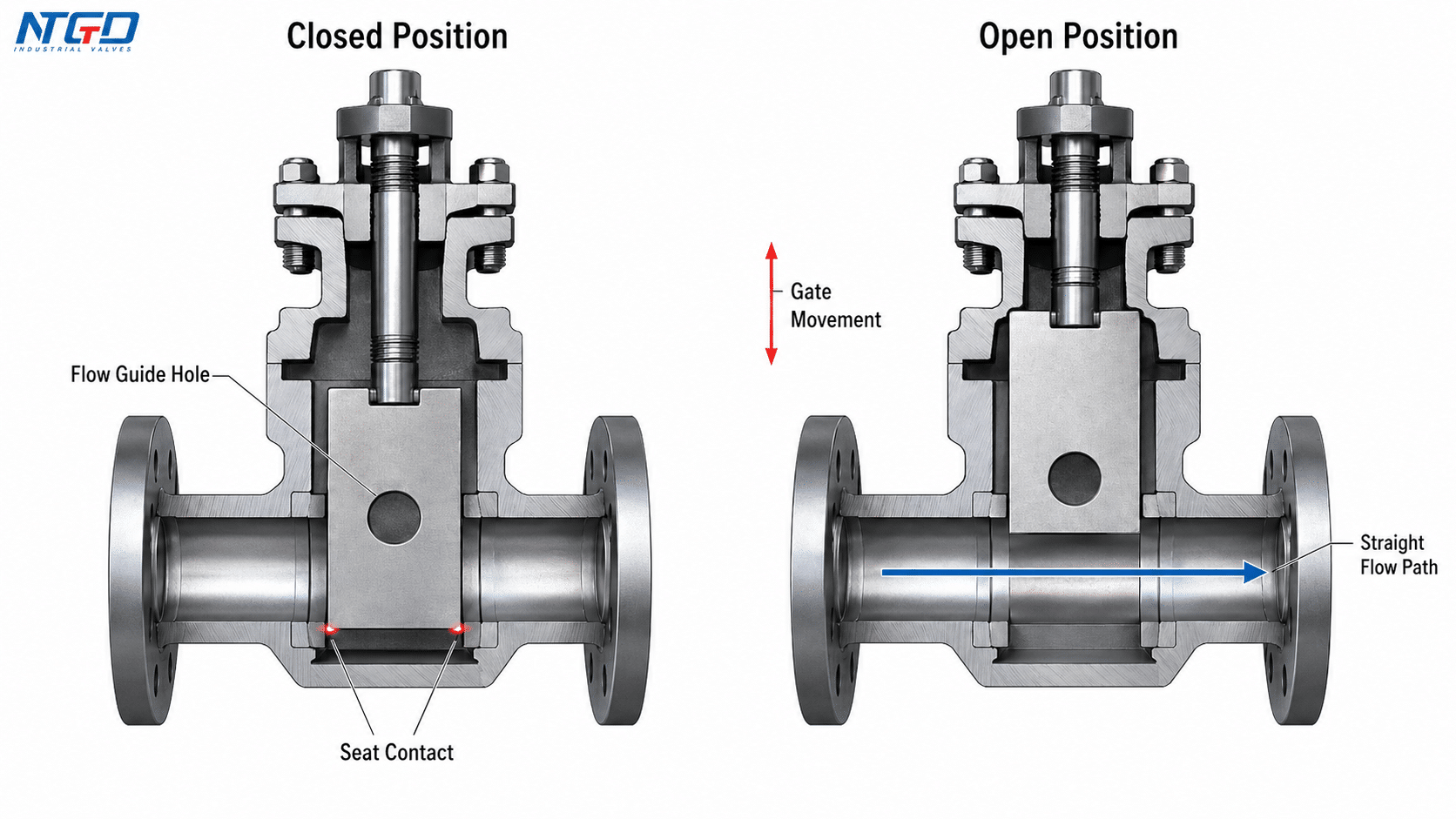 Flat gate valve open and closed position diagram showing gate movement, seat contact, and straight flow path