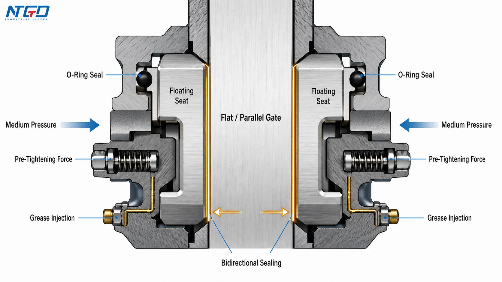 Flat gate valve seat and seal mechanism schematic with floating seat, O-ring seal, medium pressure, and grease injection