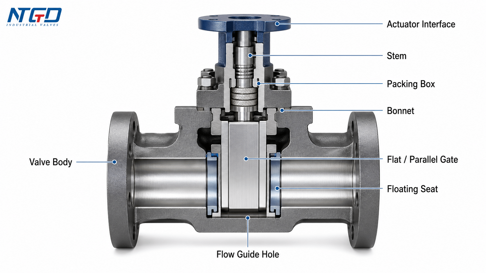 Flat gate valve structure diagram showing valve body, bonnet, stem, packing box, floating seat, and flow guide hole