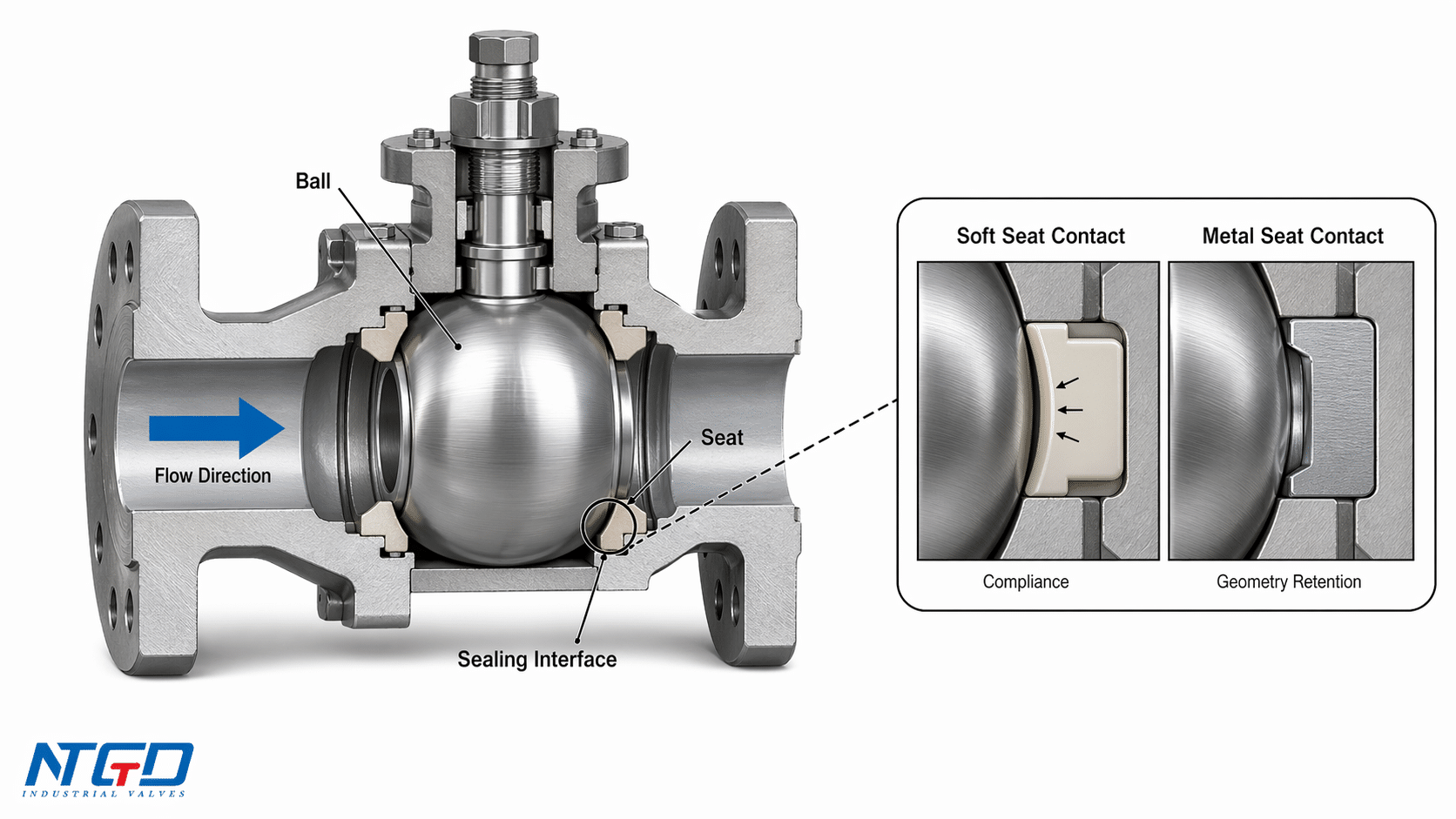Floating ball valve sealing principle cutaway showing ball, seat, flow direction, and sealing interface