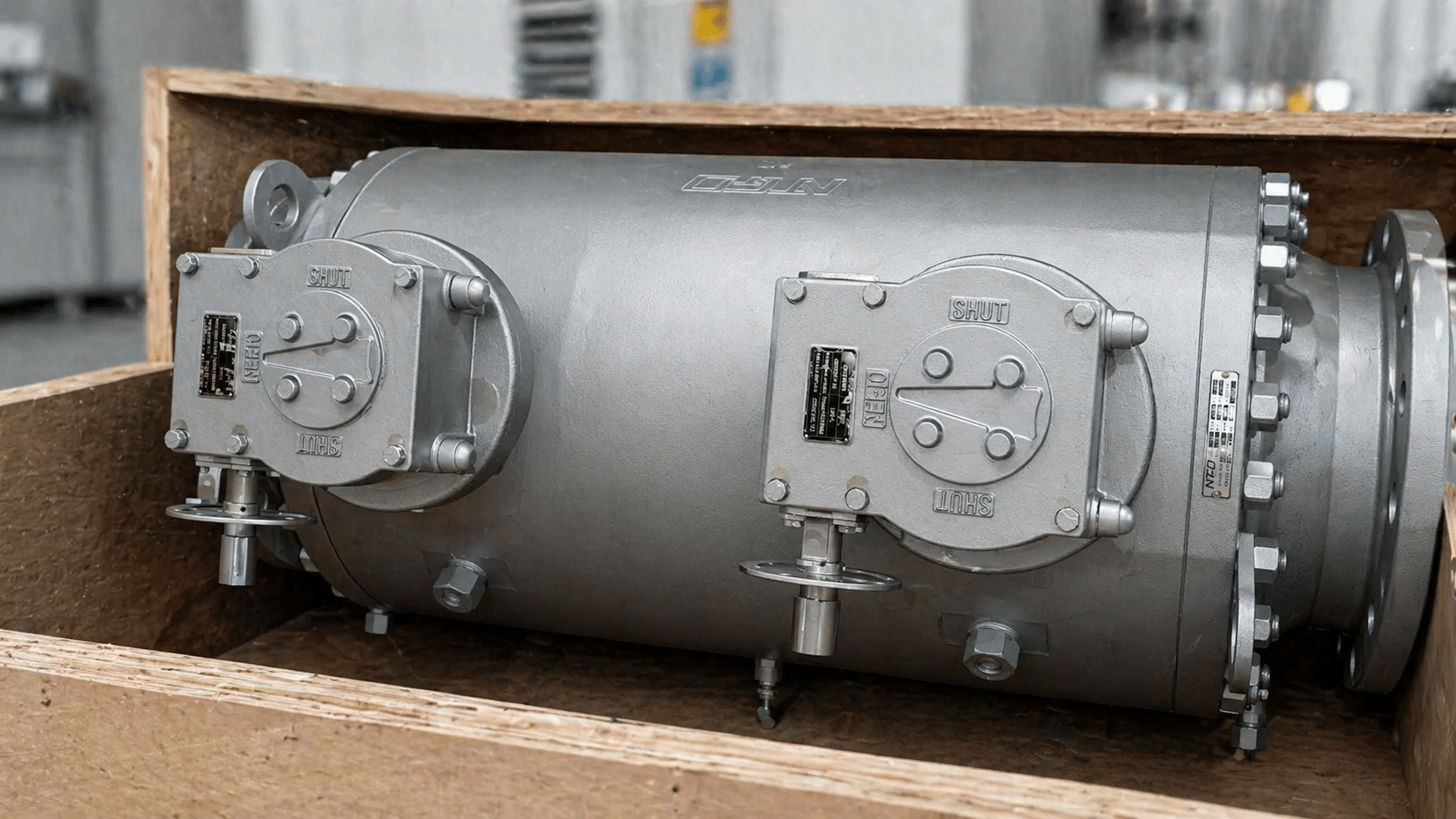 Large pipeline double block and bleed valve in shipping crate with flanged ends, top components, and bleed fittings