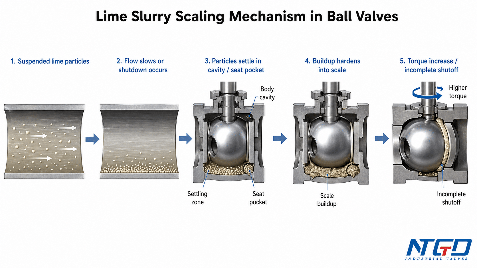 Lime slurry scaling mechanism diagram showing particle settling and ball valve cavity buildup