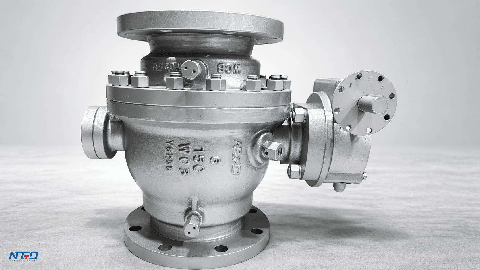Real metal-seated ball valve product photo with operator assembly for severe-service application context