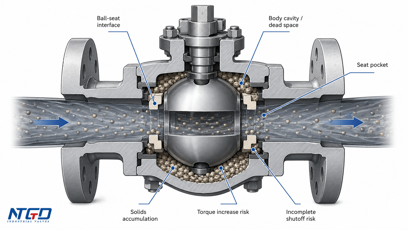 Slurry ball valve cutaway showing body cavity solids accumulation and seat pocket buildup