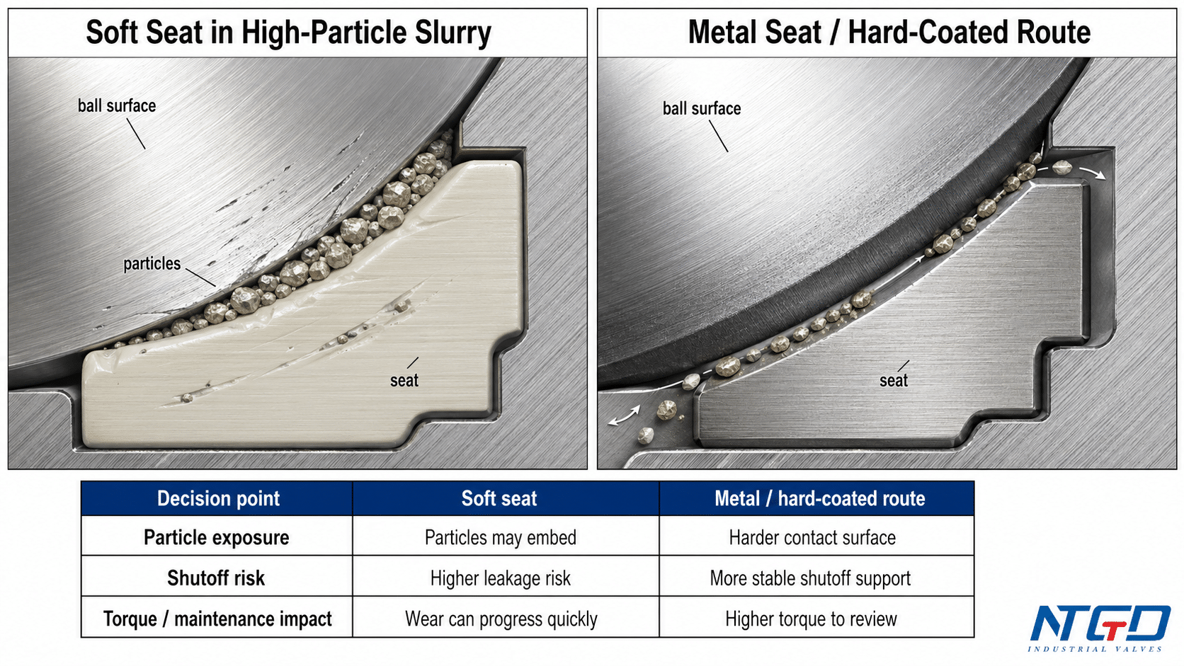 Soft seat versus metal seat interface diagram for slurry ball valve seat selection