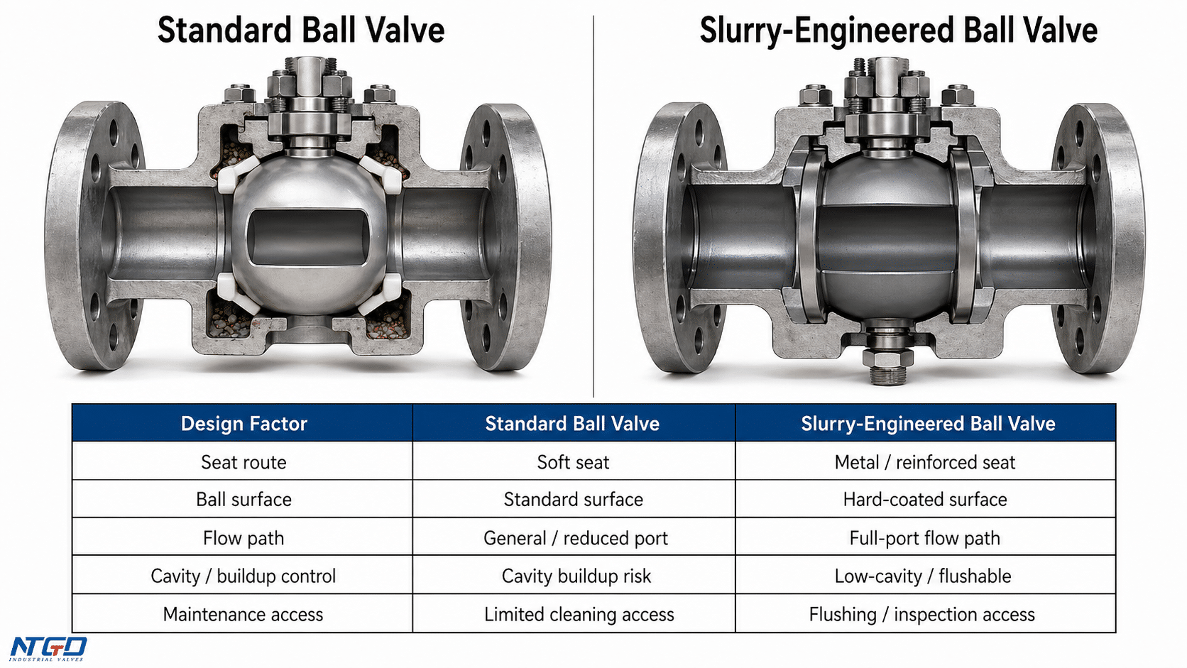 Standard ball valve versus slurry-engineered ball valve comparison graphic